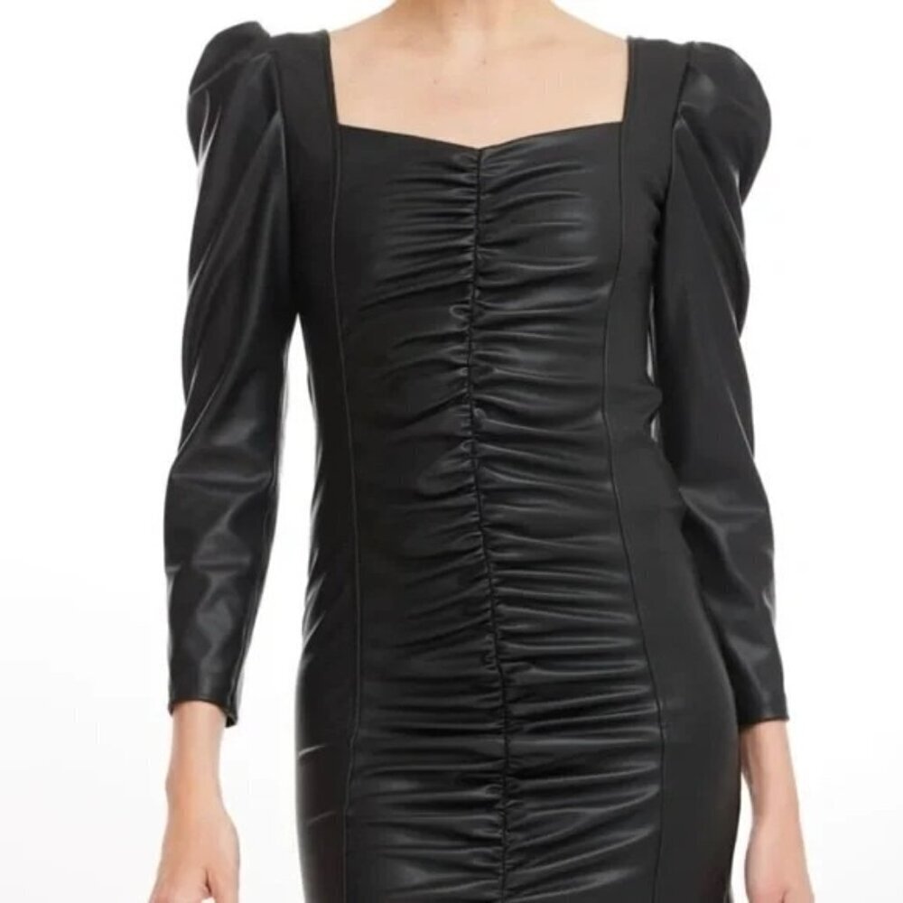 Generation Love Estelle Ruched Black Vegan Leather Mini Dress Size M NWT Fitted - Picture 2 of 6